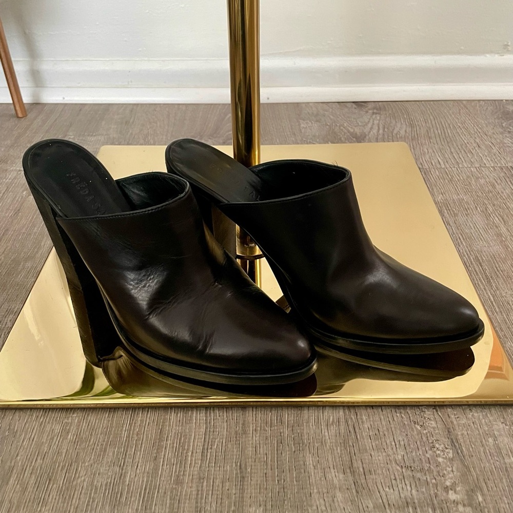Freda Salvador Black Leather Mule Heels 8 - Picture 2 of 5